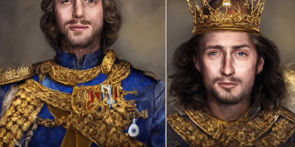 Image similar to realistic portrait of the future king with golden crowns and pretty eyes, ultra realistic, 8k