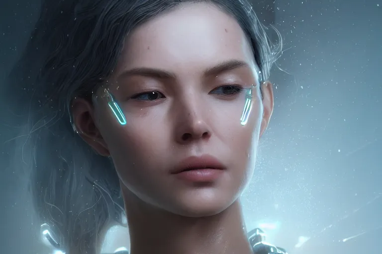 Image similar to ultra realistic, beautiful cyborg woman, eyes closed, sci-fi, fantasy, mythical, intricate, elegant, highly detailed, digital painting, octane render, substance painter, zbrush, artstation, concept art, smooth, sharp focus, eerie, illustration, 8k, HD, art by artgerm and greg rutkowski and raphael