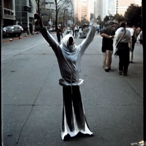 Prompt: The Great Cornholio, 1970s street performer, analog photography