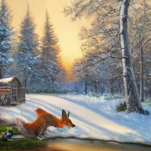Image similar to beautiful oil painting, snowy woodland meadow, log cabin, smoke billowing from chimney, evening, light from window, water stream, water wheel, oak trees, pine trees, rabbits, squirrel, fox, mild breeze wind, snow on trees and ground, mountain in background, high detailed