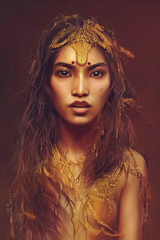 Prompt: stunningly beautiful, nepali dancer in jungle, symmetrical face, golden hour, smooth, focus, highly detailed, hyper realistic, dramatic lighting, elegant, intricate, concept art, art by wlop, mars ravelo, greg rutowski, artstation