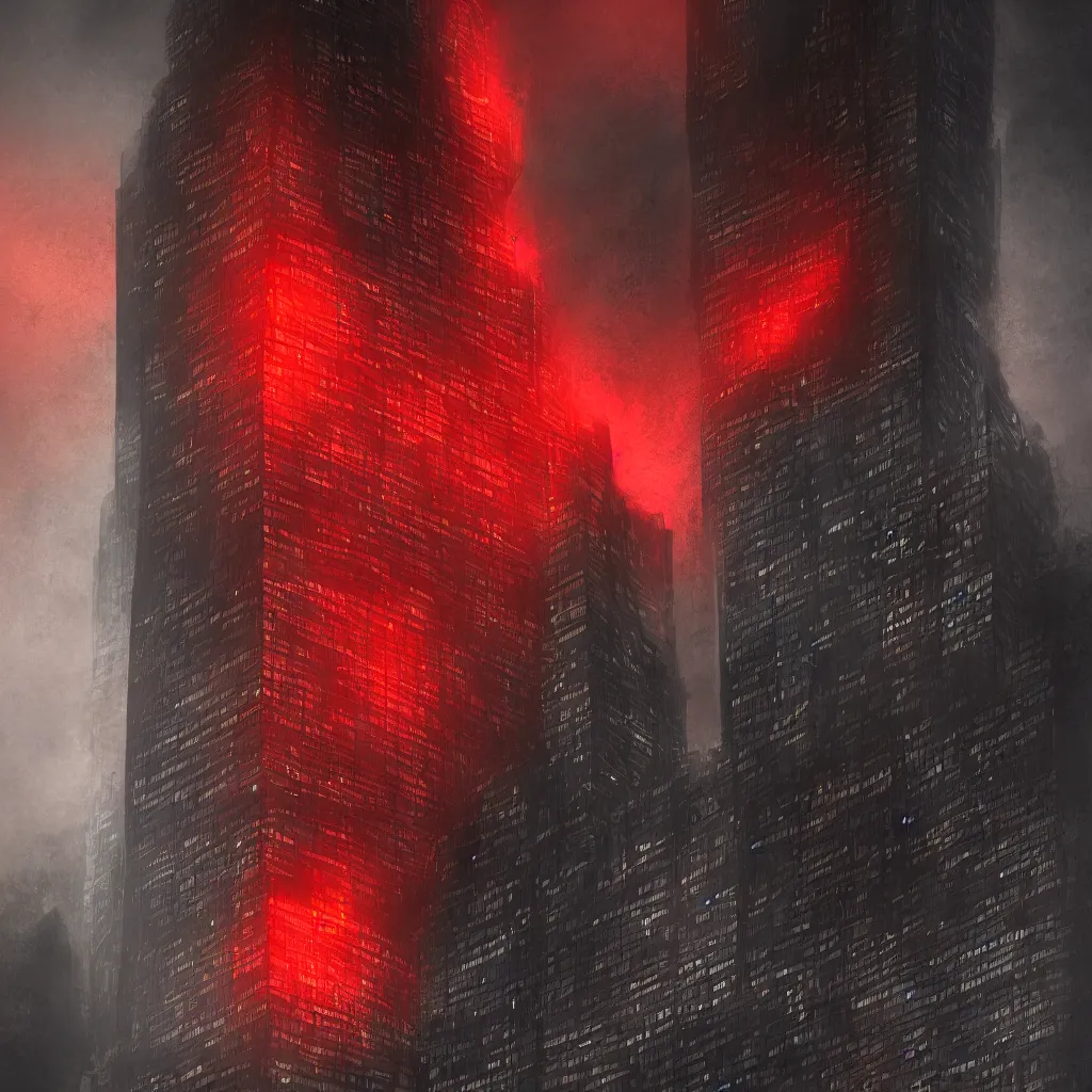 Prompt: a dark glass skyscraper in hell made of black rock with red glow and signboard ‘Sins Inc.’ on it, sins inc skyscraper front, 8K resolution, highly detailed, digital painting