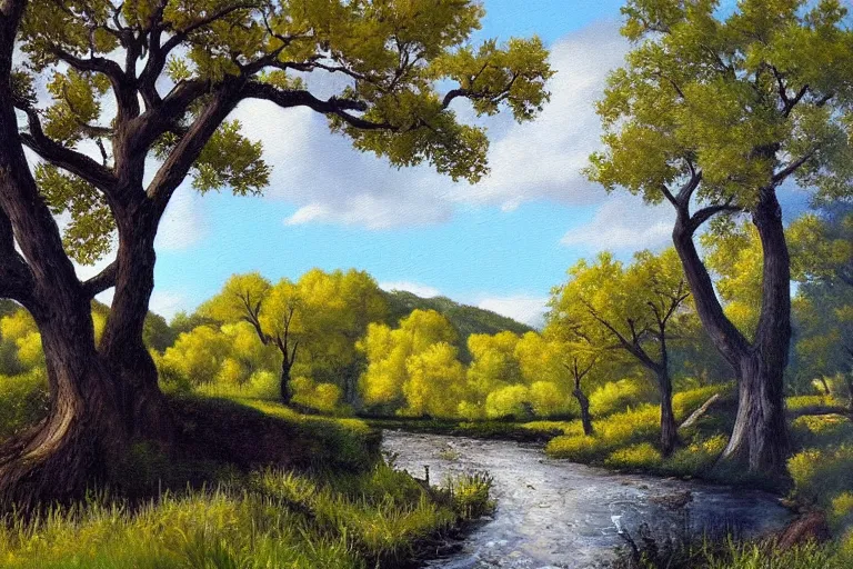 Prompt: masterpiece painting of oak trees on a hillside overlooking a creek, dramatic lighting, by charles santore