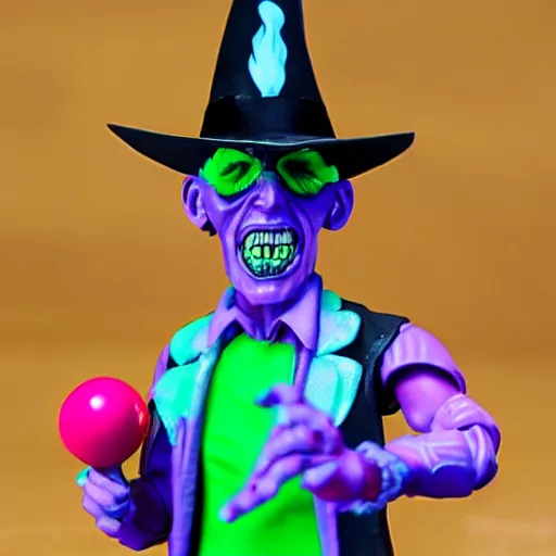 Prompt: neon witch stop motion vinyl action figure, plastic, toy, butcher billy style