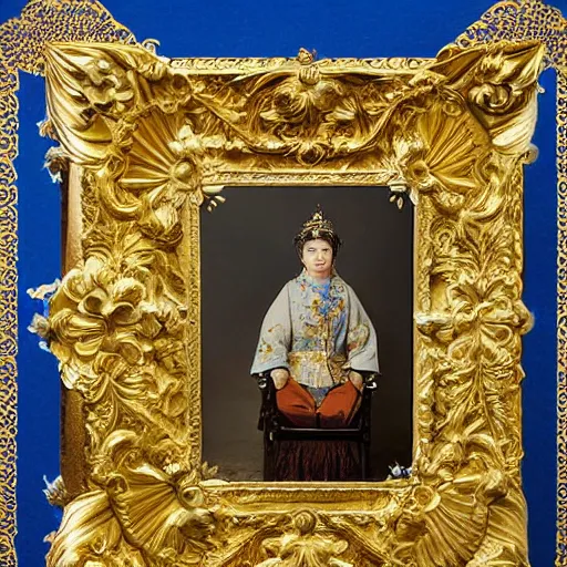 Prompt: a wide full shot, russian and japanese mix 1 9 0 0 s historical fantasy of a photograph taken of a royal gold crown with white and yellow flowers with blue leaves, photographic portrait, warm lighting, from an official photographer from the royal museum. displayed in a museum.