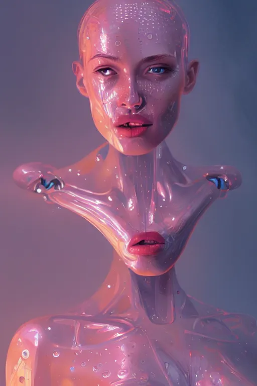 Image similar to attractive female i robot sticking tongue out sensually and sweating, torso portrait, intricate, elegant, volumetric lighting, scenery, digital painting, highly detailed, artstation, sharp focus, illustration, concept art, luis rollo, ruan jia, steve mccurry, john berkey