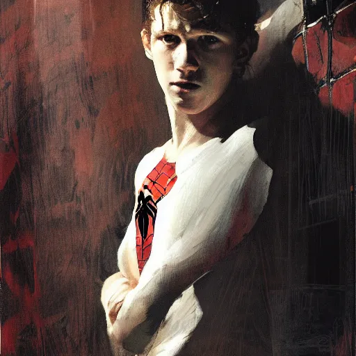 Prompt: portrait of tom holland as spiderman, by jeremy mann, anders zorn.