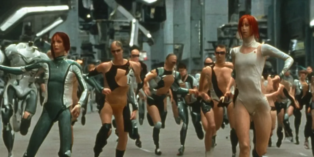 Image similar to The matrix, LeeLoo, Starship Troopers, Sprinters in a race, The Olympics footage with crowd cheering, cinematic stillframe, french new wave, The fifth element, vintage robotics, formula 1