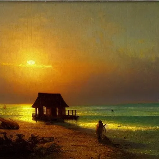 Prompt: sunset over a wooden cabin on the coast in the distance, sea, oil painting, very detailed, colorful, cinematic lighting, albert bierstadt