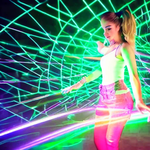 Prompt: girl dancing to techno in fashion clothing in night club with lasers
