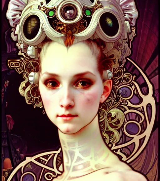 Prompt: realistic detailed face portrait of a young beautiful alien baroque cyberpunk marie antoinette by alphonse mucha, ayami kojima, amano, greg hildebrandt, and mark brooks, art nouveau, female, feminine, baroque cyberpunk, rococo cyberpunk, neo - gothic, gothic, character concept design