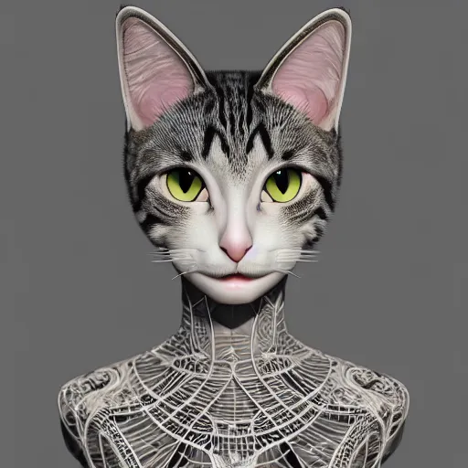 Image similar to Perfectly-Centered Portrait of a Female Humanoid Cat wearing a dress, intricate, elegant, super highly detailed, professional digital painting, artstation, concept art, smooth, sharp focus, no blur, no dof, extreme illustration, Unreal Engine 5, Photorealism, HD quality, 8k resolution, cinema 4d, 3D, beautiful, cinematic, art by artgerm and greg rutkowski and alphonse mucha and loish and WLOP