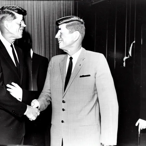 Image similar to a black and white photo of president kennedy shaking hands with a space alien