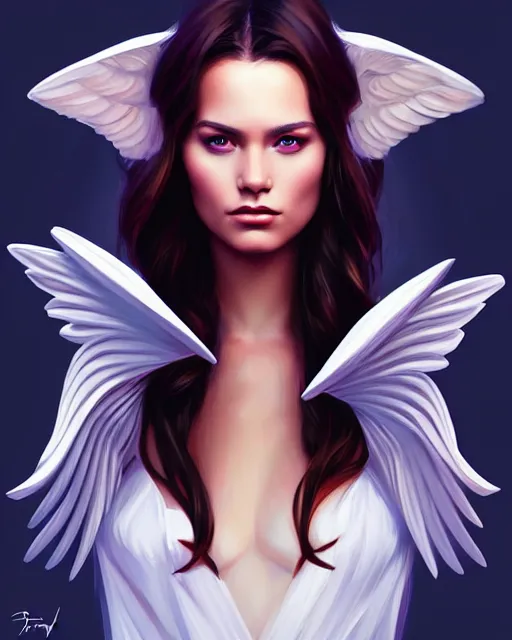 Prompt: portrait of a confident beautiful girl with wings, digital painting, artstation, concept art, smooth, sharp focus, illustration, disney, symmetry face, fine details. art by alex ross, brittney lee