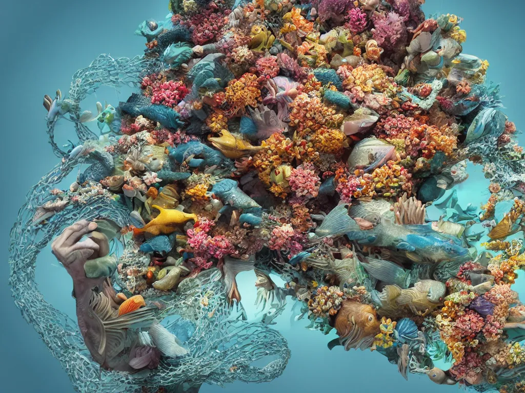 Prompt: a sculpture of fish ocean intertwined, a lovely cornucopia of flowers and human body parts, body parts, highly detailed, octane render, cinematic, shock, sharp focus, whole of cycle sharp