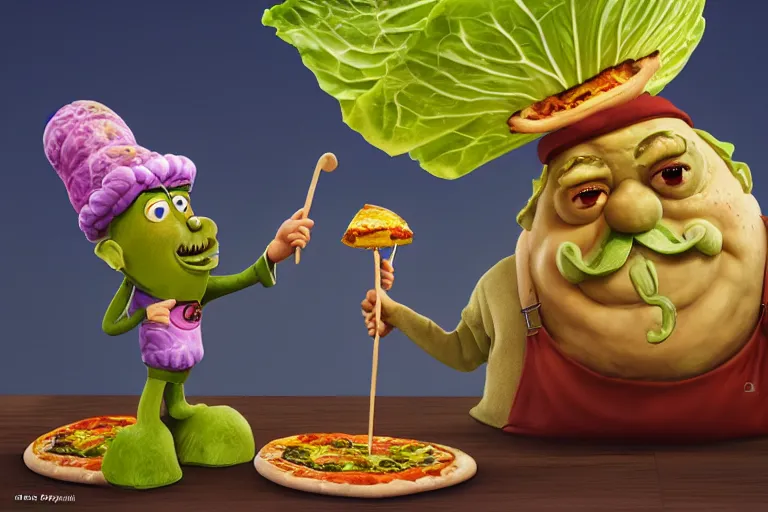 Prompt: cabbage character, king, wearing golden crown, pizza, wood fired oven, cooking pizza, high heat, walrus waving in background, highly detailed 3 d render, artstation, surrealism, pixar
