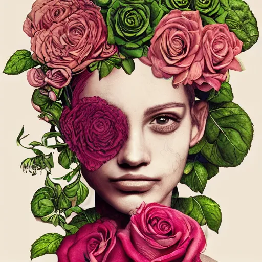 Prompt: the anatomy of a head of lettuce with roses that resembles a beautiful woman, an ultrafine detailed painting by james jean, intricate linework, bright colors, final fantasy, behance contest winner, vanitas, angular, altermodern, unreal engine