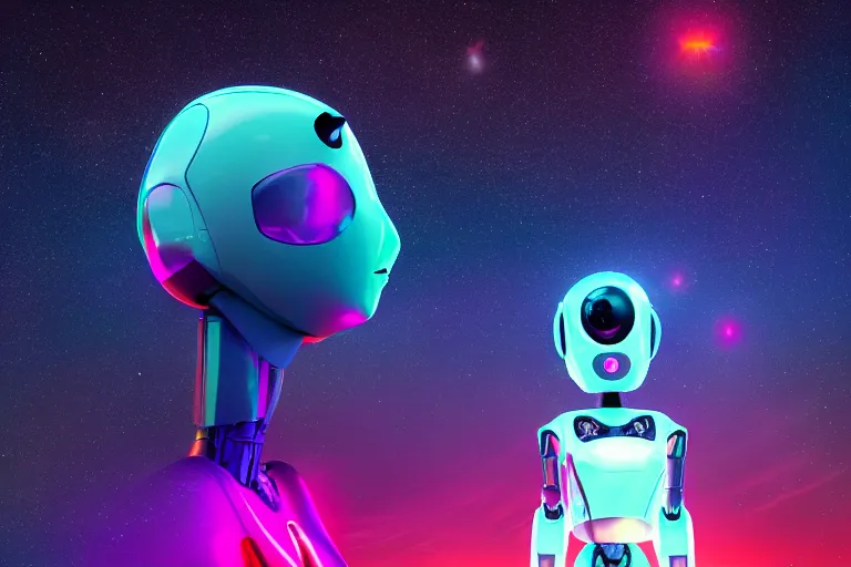 Image similar to a beautiful calm robot girl looking up to the stars, photograph, colorful background, render, 3 d, render, glows, neon, 8 k, 4 d,