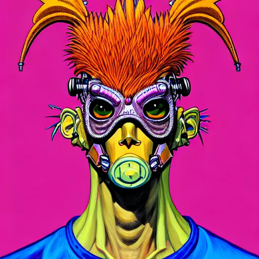 Prompt: portrait painting of a punk chicken - headed cyborg, sharp focus, award - winning, trending on artstation, masterpiece, highly detailed, intricate. art by josan gonzales and moebius and deathburger