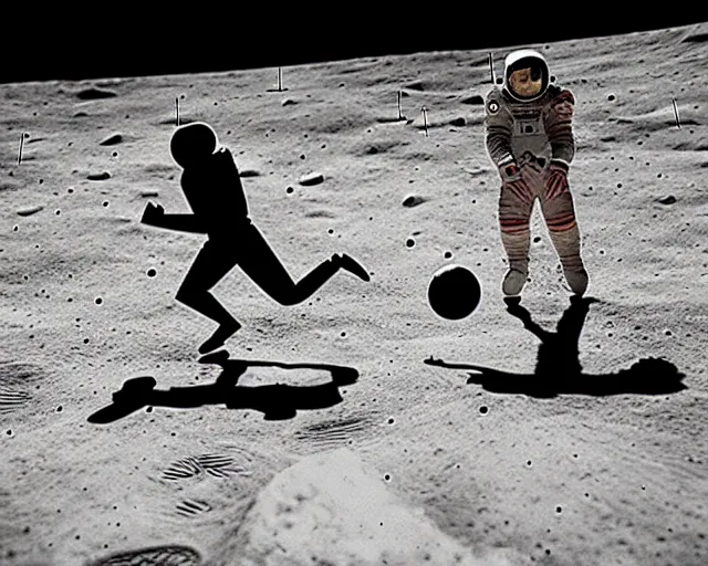 Image similar to two astronauts playing basketball on the surface of moon