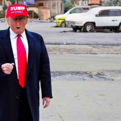 Image similar to donald trump dressed as a homeless man living in the slums