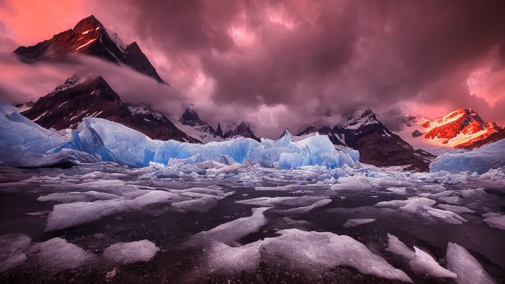 Image similar to amazing landscape photo of a glacier by marc adamus, beautiful dramatic lighting