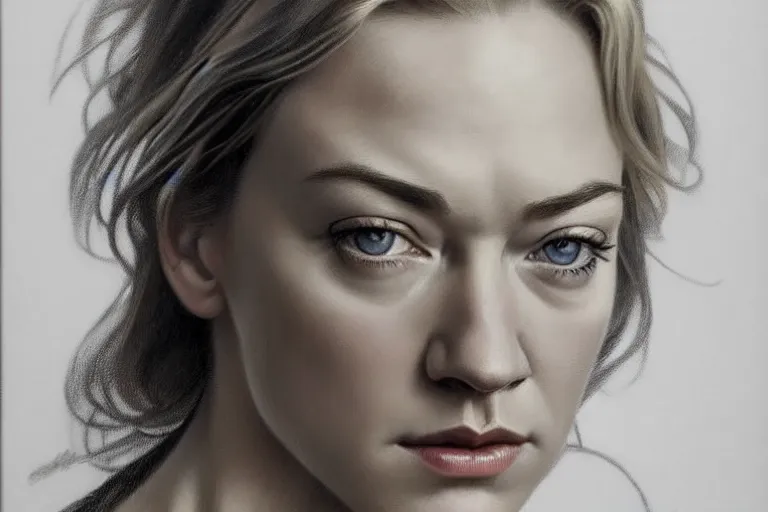 Image similar to hyperrealist pencil portrait sketch of yvonne strahovski by david malan and alphonse mucha, fantasy art, drawing, dynamic lighting, artstation, poster, volumetric lighting, very detailed faces, 4 k, award winning