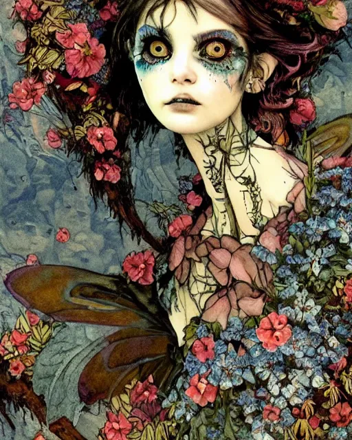 Prompt: a pretty but sinister and creepy monster faery in layers of fear decoupage, with haunted eyes, wearing punk clothing, violence in his eyes, 1 9 7 0 s, seventies, delicate embellishments, a little blood, woodland, blue dawn light shining on wildflowers, painterly, offset printing technique, by walter popp, alexandre cabanel