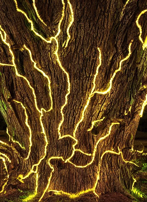 Image similar to very old huge oak tree with fluorescent glowing sigils on bark, glowing metallic leaves