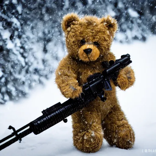 Prompt: cinematic shot of a teddy bear as a special forces soldier holding a sniper rifle in a snowy mountain range, 8 k, depth of field, very detailed,