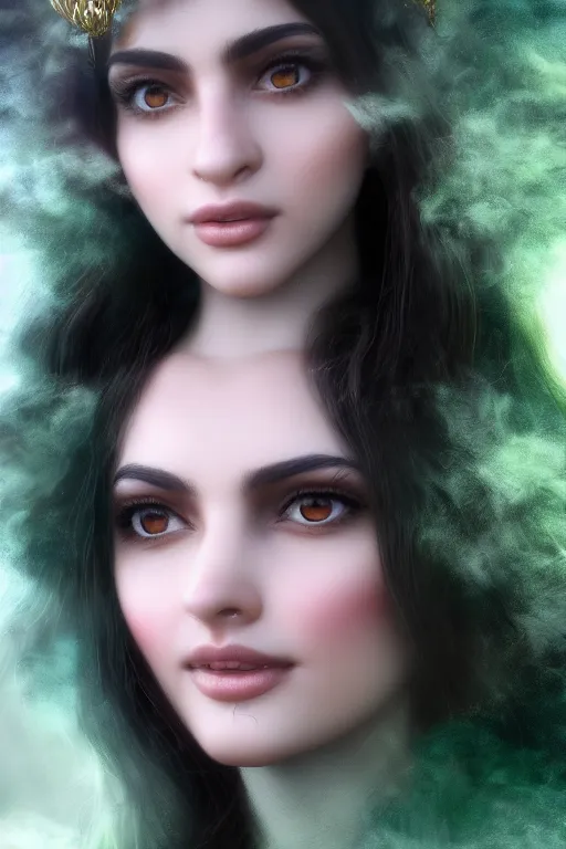 Image similar to realistic portrait of dreamy beautiful persian goddess princess in the clouds, volumetric fog, green eyes, long black hair flying around, smiling, face, highly detailed, artstation, concept art, sharp focus, hyper realistic, octane render, unreal engine, 8 k