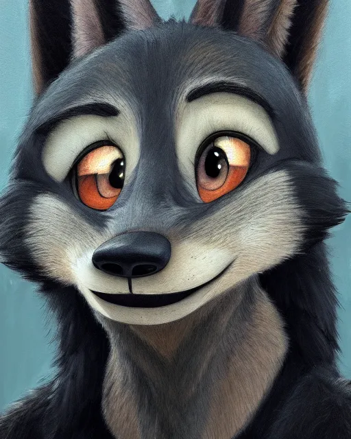 Image similar to dark oil painting of anthromorphic female wolf, in style of zootopia, zootopia, zootopia, fursona, furry, furaffinity, 4 k, deviantart, furry art, fursona art, wearing black business suit, business suit, in style of zootopia, wolf fursona, cyberpunk, female, very very very expressive detailed feminine face,