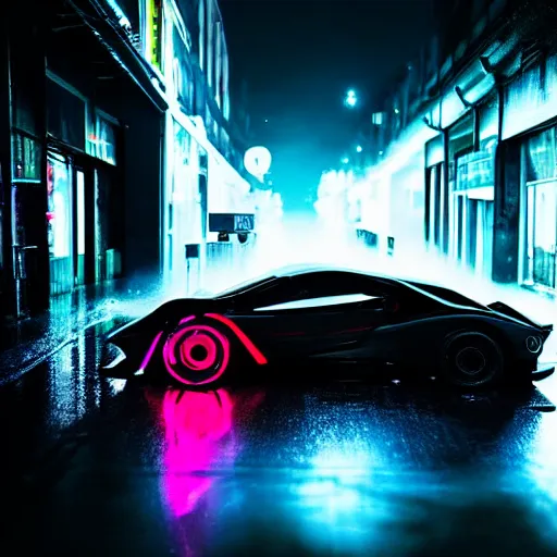 Image similar to a neon hypercar in the dark and rainy city street by Liam Wong