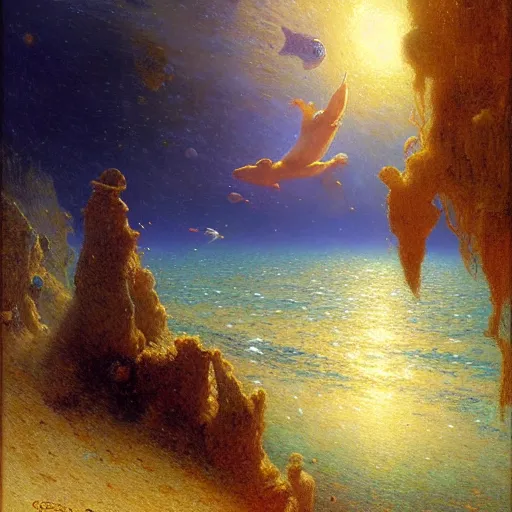 Image similar to point of view of deep in the ocean looking up, you see fishes, higher the milk way, night time, midnight. highly detailed painting by gaston bussiere, greg rutkowski 8 k