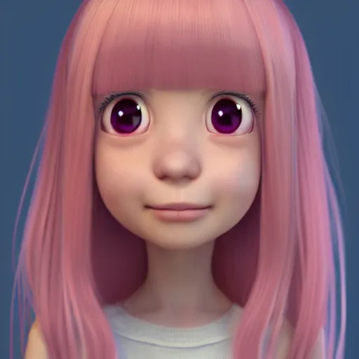 Image similar to A portrait of Nikki from Shining Nikki and Love Nikki, a cute 3d cgi toon young woman with long light pink hair, full bangs, hazel eyes, full round face, light makeup, pale skin, Chinese heritage, in the center midground, medium shot, mid-shot, hyperdetailed, 8k, trending on artstation, as a Pixar character