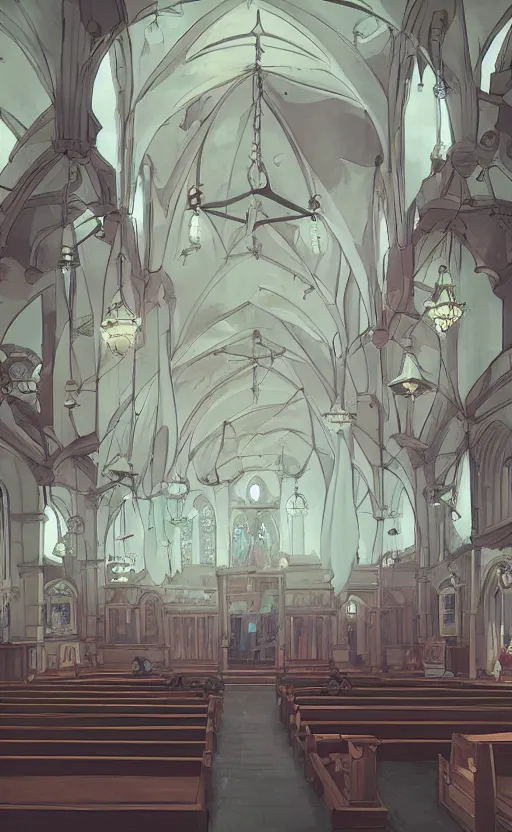 Image similar to a renaissance church hall, crystal lights, mysterious atmosphere, cel - shading, cinematic, artstation, studio ghibli, miyazaki, highly details