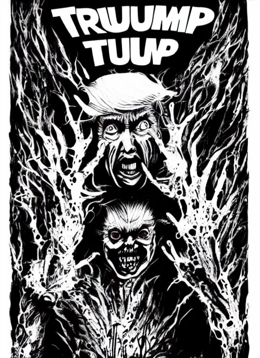 Prompt: donald trump's disgusting true form on a 1 9 9 0 s horror movie poster, inking, vintage 9 0 s print, detailed, scary, horror, screen print, trending on artstation