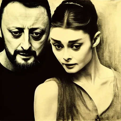 Prompt: Romeo (Jean Reno) and Juliet (Audrey Hepburn), are looking at each other romantically. dramatic, high contrast, romantic, theatrical, lumnious, cinematic lights,tintype photo, oil canvas by Csók István, Munkácsi and Hollósy Simon