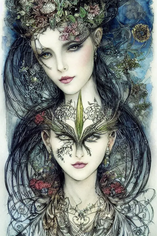 Image similar to dark fairy queen closeup face surrounded by floral frame, art by luis royo and walter crane and kay nielsen, watercolor illustration,