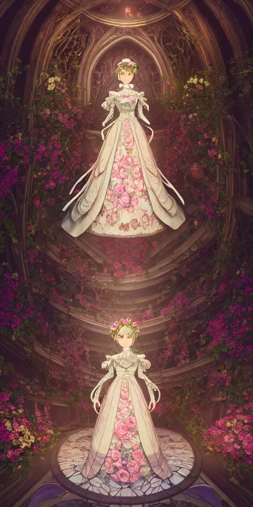 Image similar to the beautiful hyperdetailed physical rendering of a single rose wedding gothic lolita dress clothing design display in show in front of your eyes, perfectly shaded, atmospheric lighting, in the style of makoto shinkai, raphael lacoste louis comfort tiffany, stanley artgerm lau, wlop, rossdraws, 8 k hd, 3 drender, super close lens