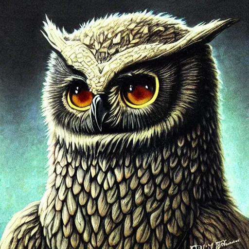 Image similar to three quarter portrait of an owlbear in the forest, d & d, fantasy, hr giger,