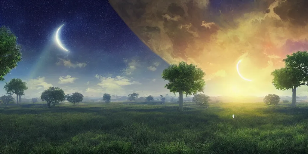 Image similar to digital art, trending on artstation, the sky of an alternate earth with 3 suns and a moon, with a large green meadow, baobab trees and uninhabited alien houses.