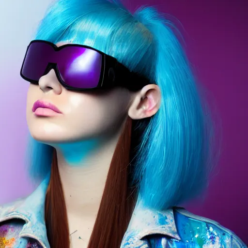 Image similar to closeup painting of a very beautiful young mexican cyberpunk woman with light blue shutter shades, one side haircut, long brown hair with light blue ends, purple leather jacket