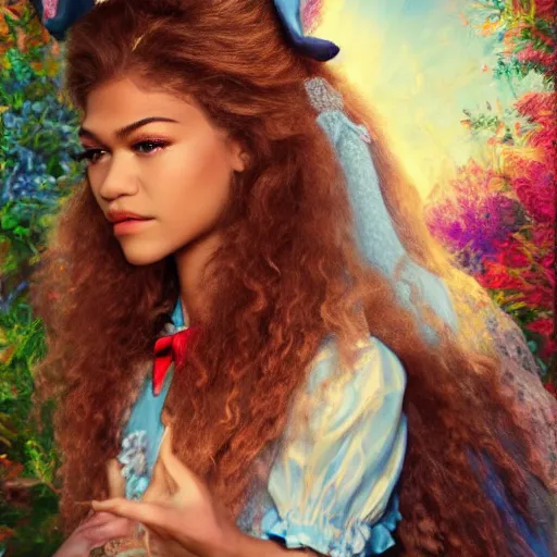 Image similar to zendaya as Alice in wonderland, oil painting, high detail, angelic, flawless face,