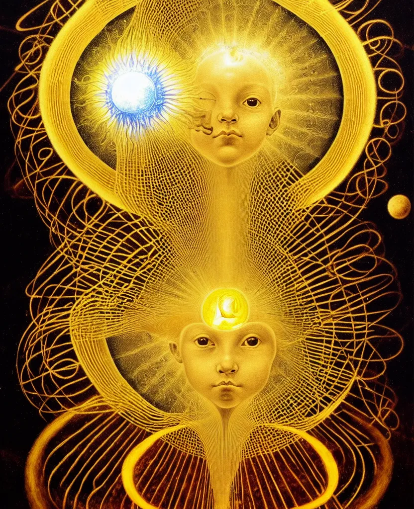 Image similar to a golden child radiates a unique canto'as above so below'while being ignited by the spirit of haeckel and robert fludd, breakthrough is iminent, glory be to the magic within, in honor of saturn, painted by ronny khalil