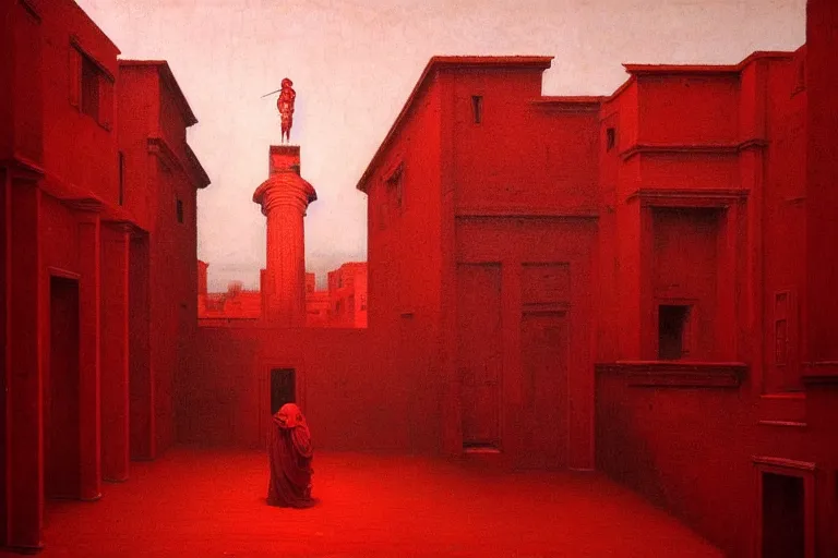 Prompt: only with red, caesar after war, the deal, a red tiger, in hoc signo vinces, rome in background, an ancient path, in the style of beksinski, part by hopper, part by rodcenko, part by hofbauer, intricate composition, red by caravaggio, insanely quality, highly detailed, masterpiece, red light, artstation