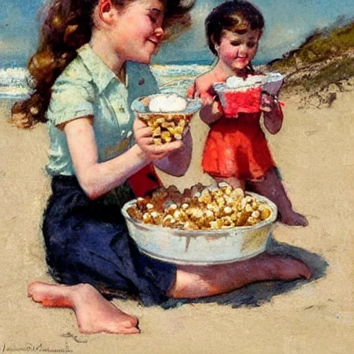 Prompt: (((((1950s girls eating popcorn at the beach . muted colors.))))) by Jean-Baptiste Monge !!!!!!!!!!!!!!!!!!!!!!!!!!!
