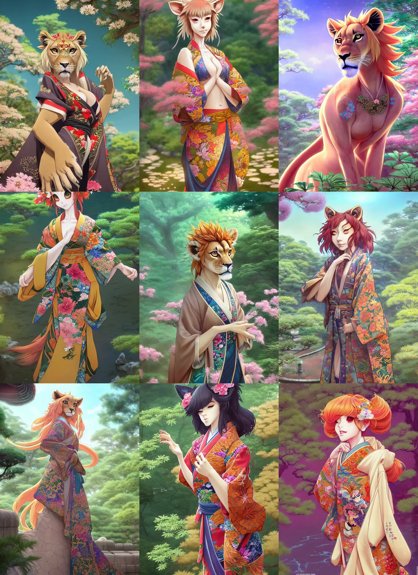 Prompt: beautiful high angle full body portrait of a female anthropomorphic lioness fursona wearing a ornate kimono in a japanese garden. character design by disney, anime, manga, charlie bowater, ross tran, artgerm, and makoto shinkai, detailed, soft lighting, rendered in octane