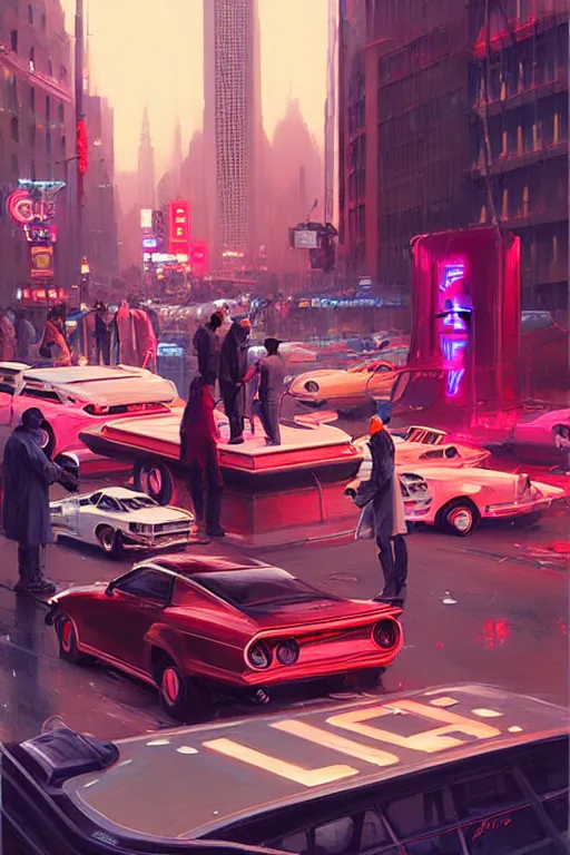 Image similar to four guys drove one into the gateway of the new york of the future, neon signs,, painting by greg rutkowski, j. c. leyendecker, artgerm