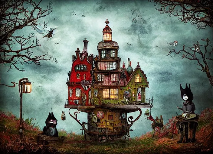 Prompt: folk art, lowbrow, matte painting, 3 - d highly detailed, in the style of alexander jansson,